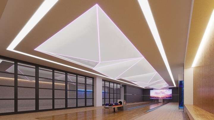 Sculpted backlit stretch ceiling in entertainment venue