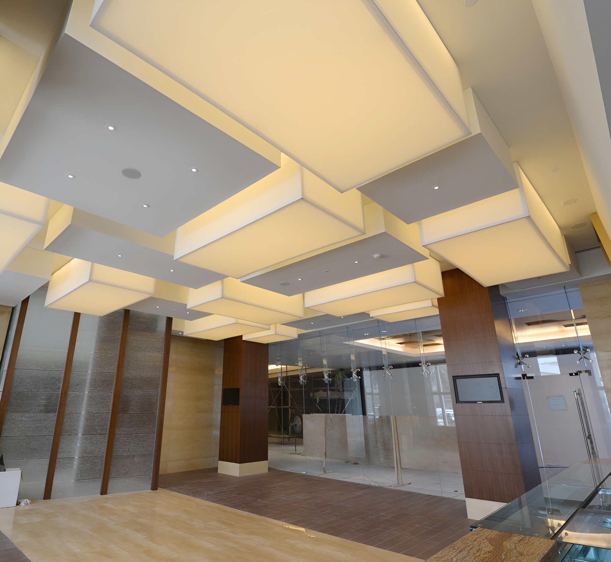 Sculpted three-dimensional offset coffered stretch ceiling